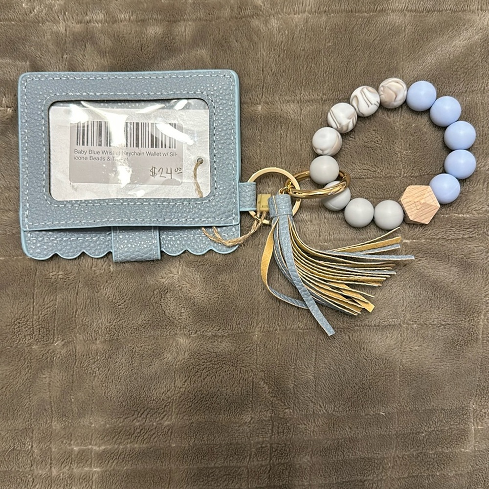 Blue wristlet keychain wallet with silicon beads & tassel